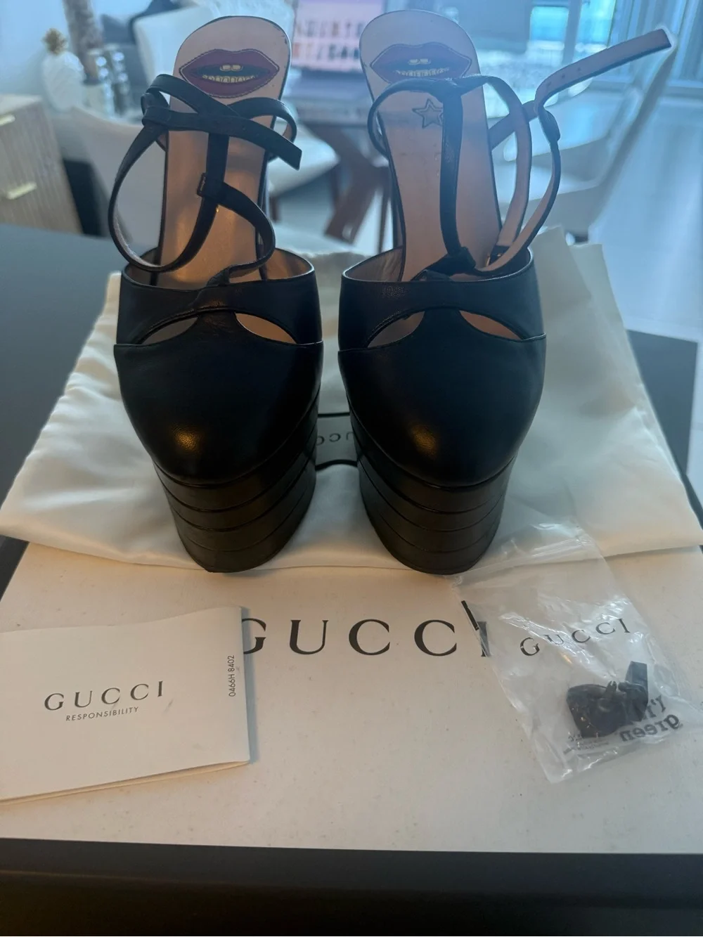 Gucci Black Leather Platform Strappy Ankle-Heels